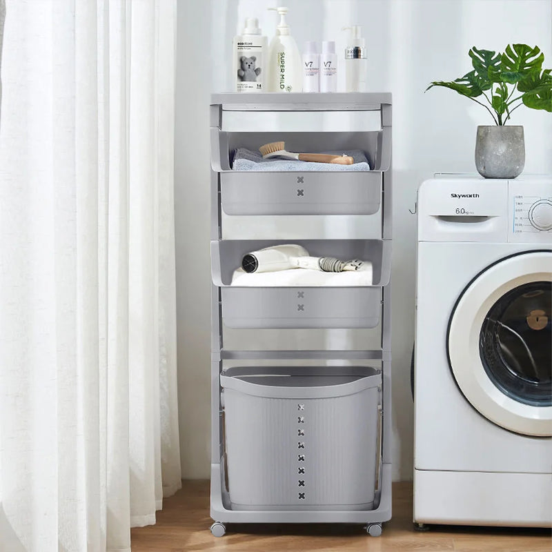 4-tier storage rack with wheels, showcasing organized essentials near a washing machine in a bright, modern laundry space.
