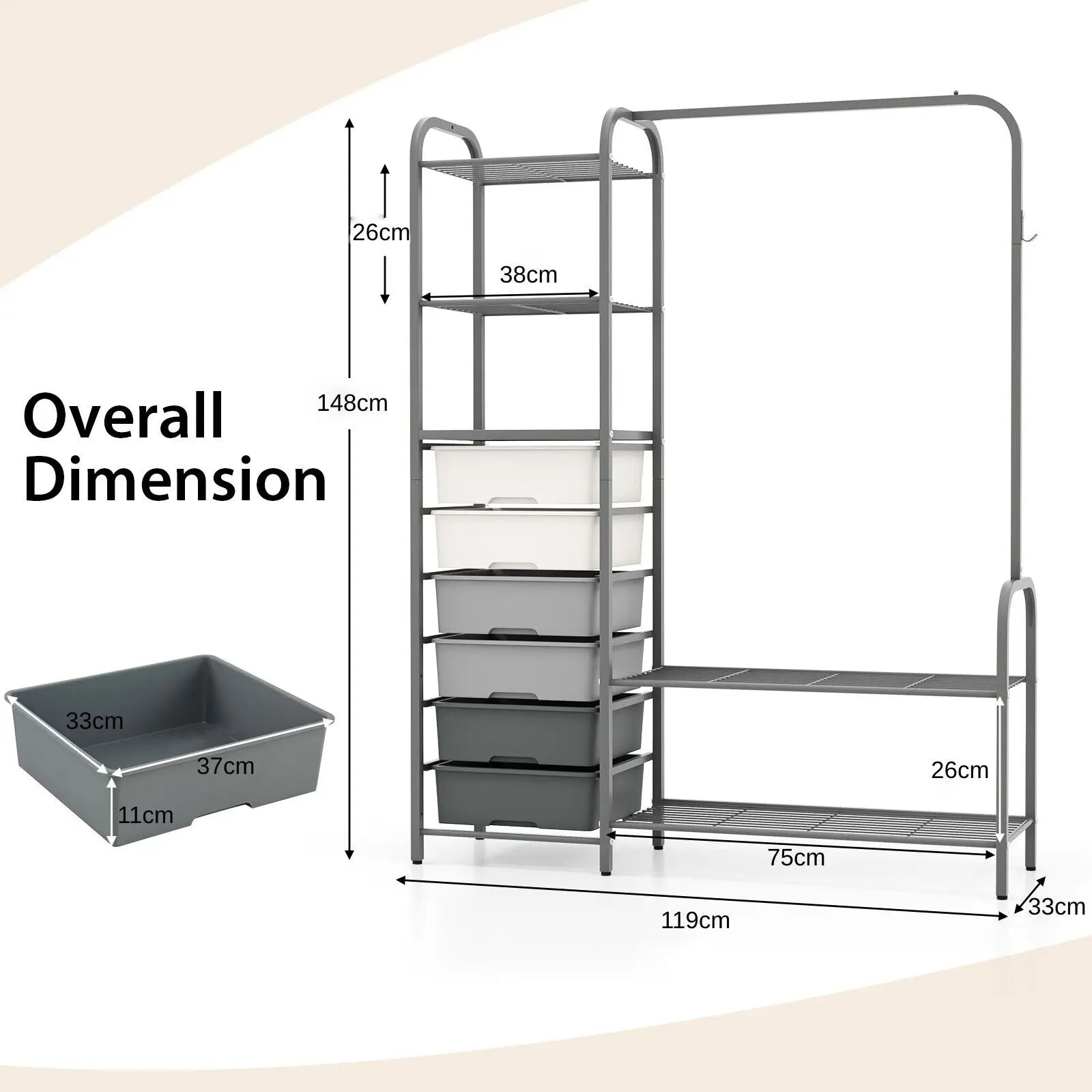 3-Tier Clothes Rails Stand Garment Coat Rack with 6 Storage Drawers - Luvasmr