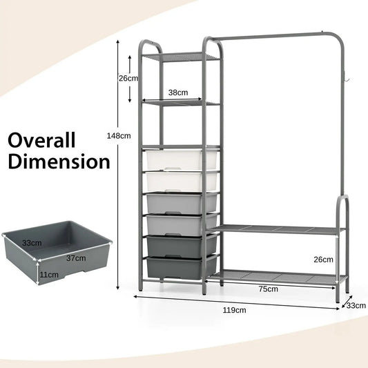 3-Tier Clothes Rails Stand Garment Coat Rack with 6 Storage Drawers