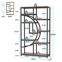 Dimensions and specifications of the 5-Tier Industrial Etagere Rustic Bookcase with storage capacity details.