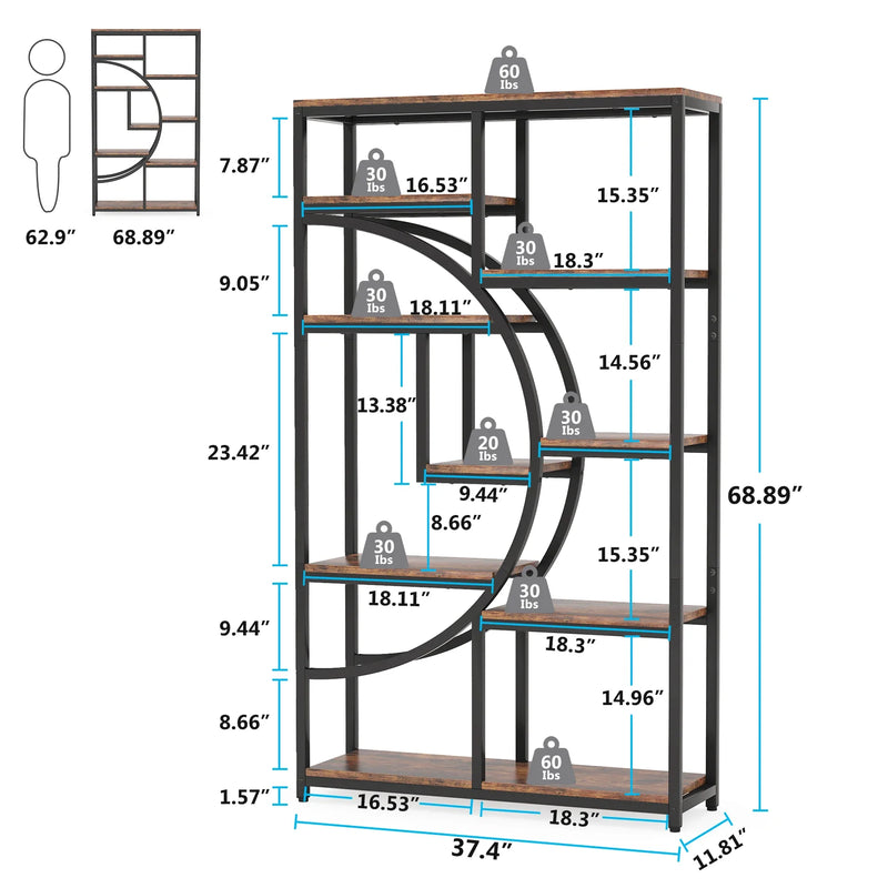 Dimensions and specifications of the 5-Tier Industrial Etagere Rustic Bookcase with storage capacity details.