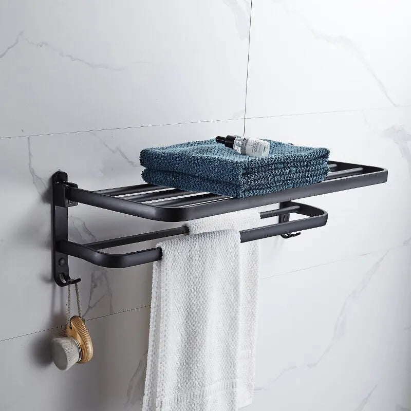 Matte Black Folding Aluminium Towel Rack with Hook, featuring double bars and stylish towel storage for modern bathrooms.