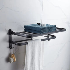 Matte Black Folding Wall-Mount Aluminium Towel Rack with Hook