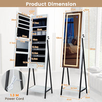 Dimensions of the LED Jewellery Mirror Cabinet Lockable Armoire with power cord, showcasing storage and reflective design.