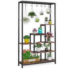 5-Tier Tall Indoor Plant Stand with Metal Frame and Hanging Hooks