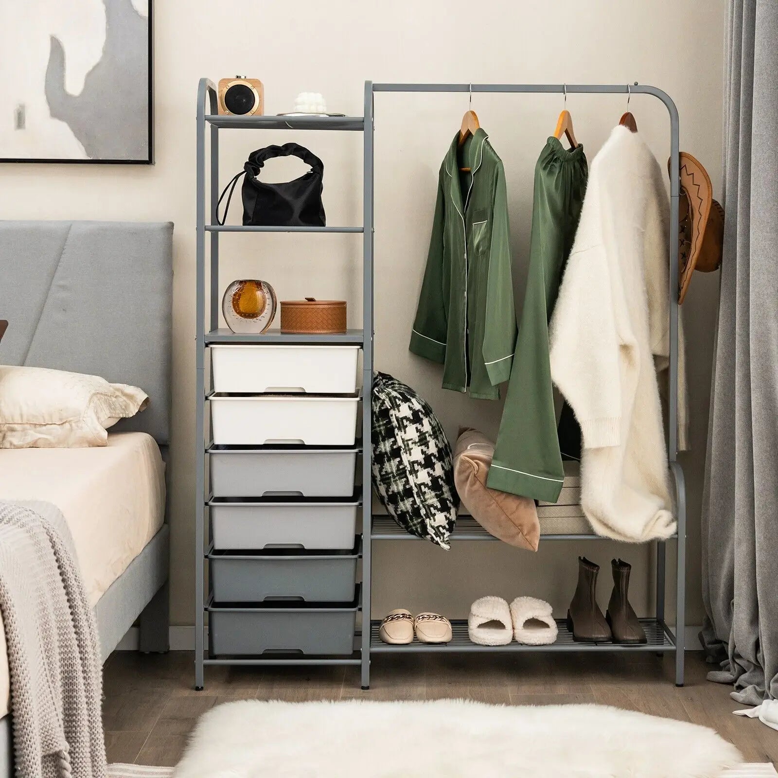 3-Tier Clothes Rails Stand Garment Coat Rack with 6 Storage Drawers - Luvasmr