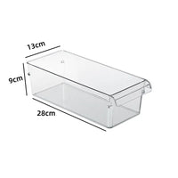Clear refrigerator storage container dimensions: 28cm x 13cm x 9cm, ideal for organized food storage.