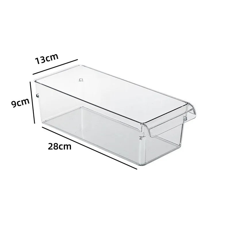 Clear refrigerator storage container dimensions: 28cm x 13cm x 9cm, ideal for organized food storage.