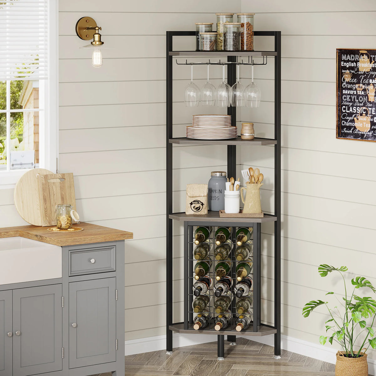 4-Tier Corner Wine Rack with Glass Holder and Storage Shelves - Luvasmr