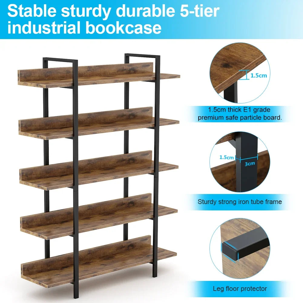 5-Tier Industrial Standing Bookshelf with Iron Pipe Frame - Luvasmr