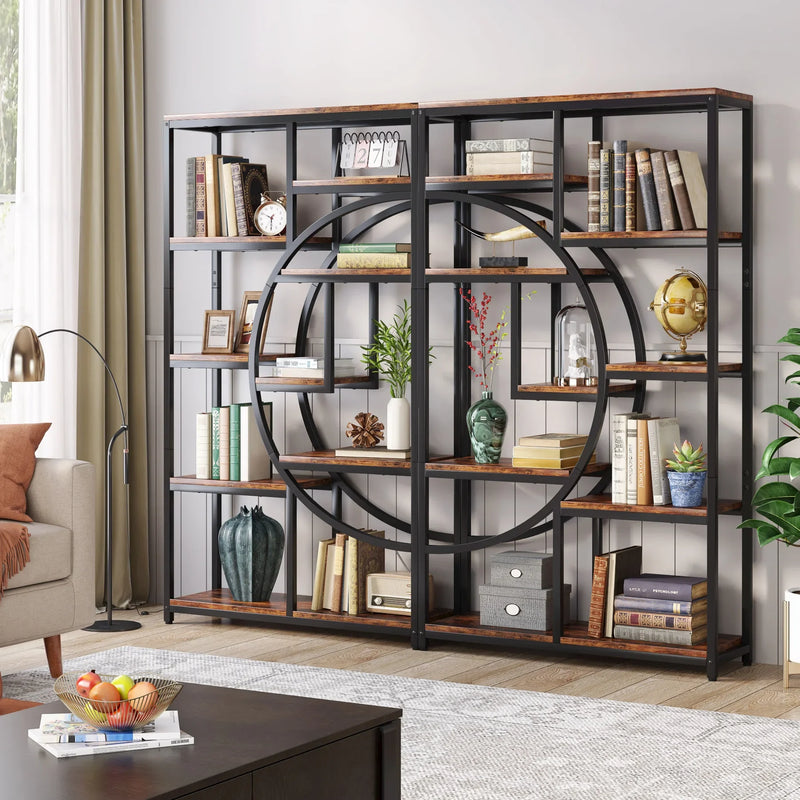 5-Tier Industrial Etagere Rustic Bookcase featuring iron frame and wood shelves, perfect for books and decor.