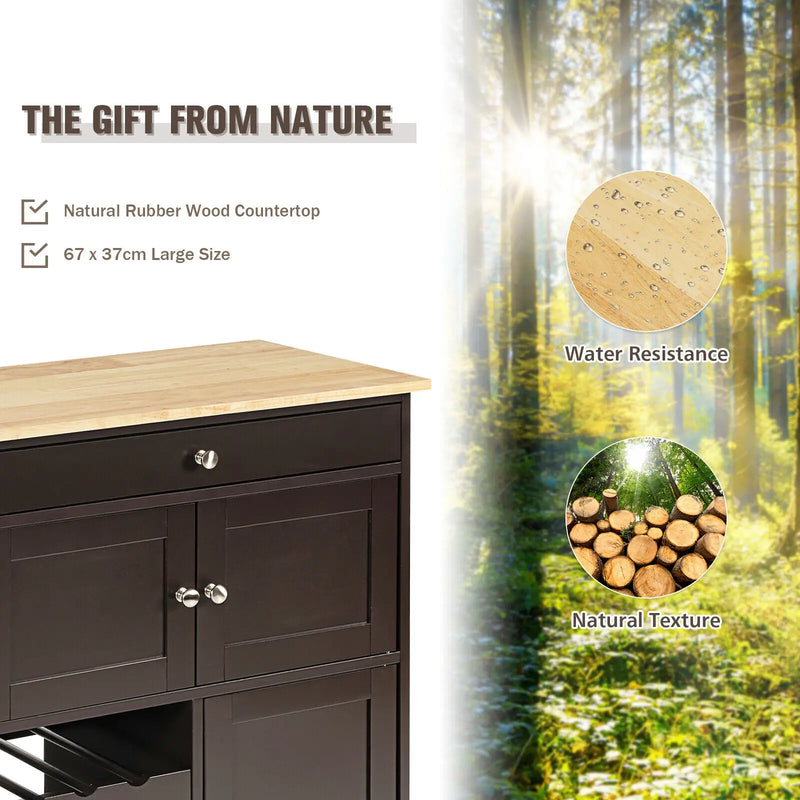 3-Tier Rolling Kitchen Cart features natural rubber wood countertop, water resistance, and spacious design for stylish kitchen storage.