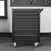 Lockable seven drawer tool trolley cabinet with smooth-rolling wheels, perfect for tool organization and security.
