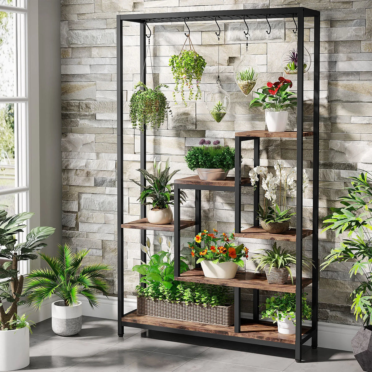 5-Tier Tall Indoor Plant Stand with Metal Frame and Hanging Hooks