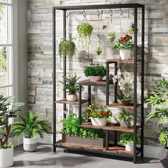 5-Tier Tall Indoor Plant Stand with Metal Frame and Hanging Hooks