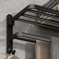 Matte Black Folding Wall-Mount Aluminium Towel Rack with Hook