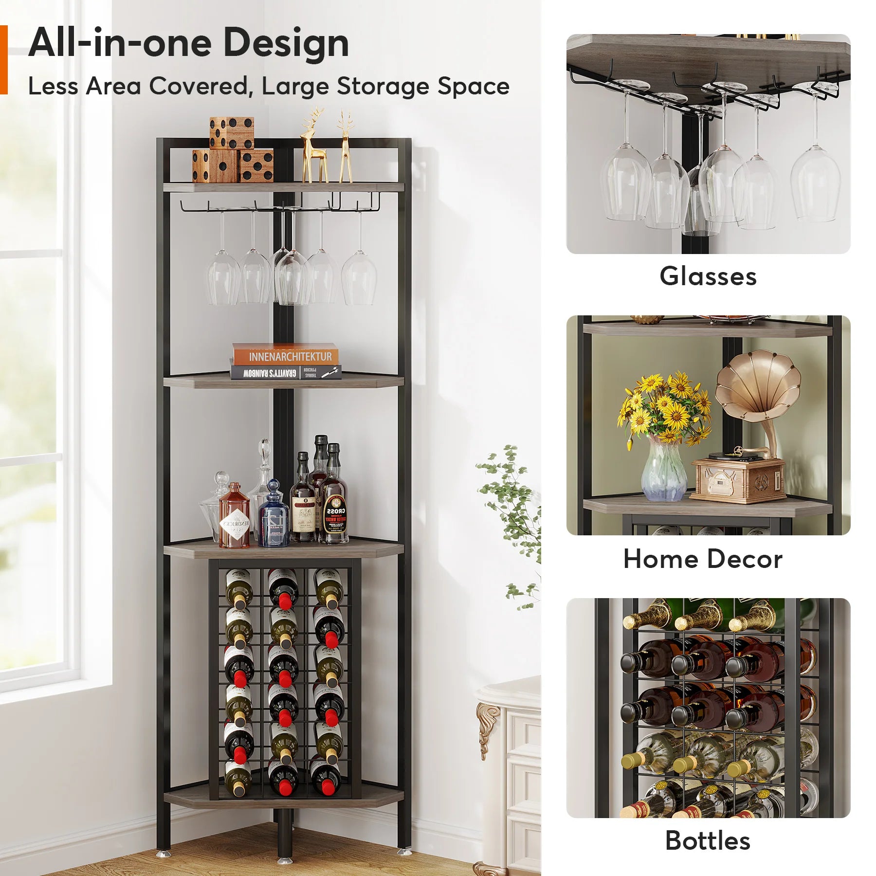 4-Tier Corner Wine Rack with Glass Holder and Storage Shelves - Luvasmr
