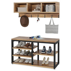 Industrial Coat Rack and Shoe Bench Set with 3 Storage Cubbies