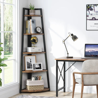 5-Tier Corner Wooden Bookcase with Storage Shelves - Luvasmr