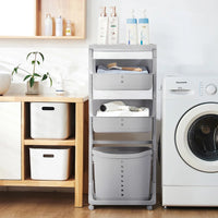 4-tier storage rack with wheels for effortless organization and mobility, ideal for laundry or bathroom use.
