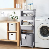 4-tier storage rack with wheels in a modern laundry room, showcasing organized essentials and effortless mobility.