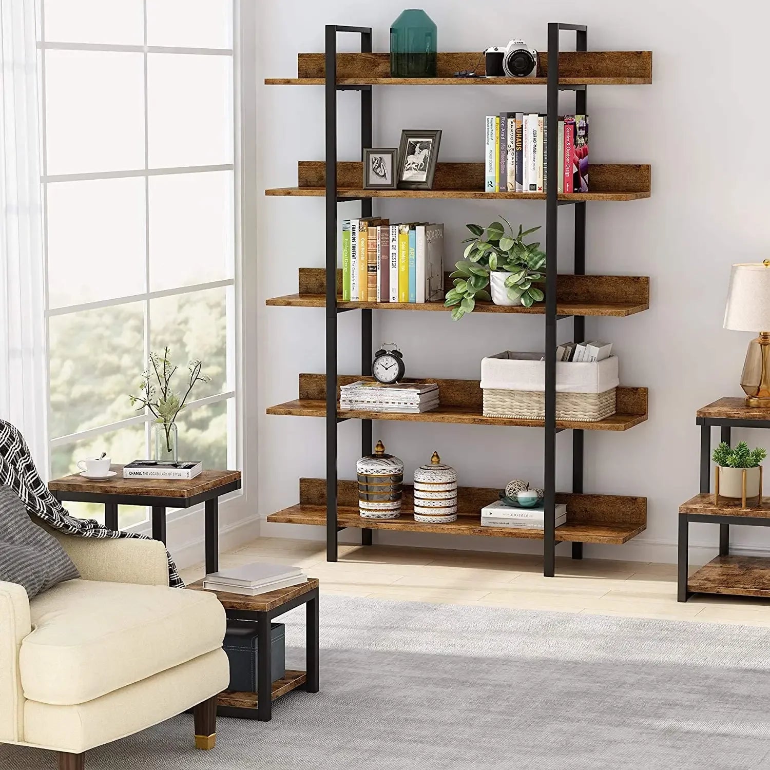 5-Tier Industrial Standing Bookshelf with Iron Pipe Frame - Luvasmr