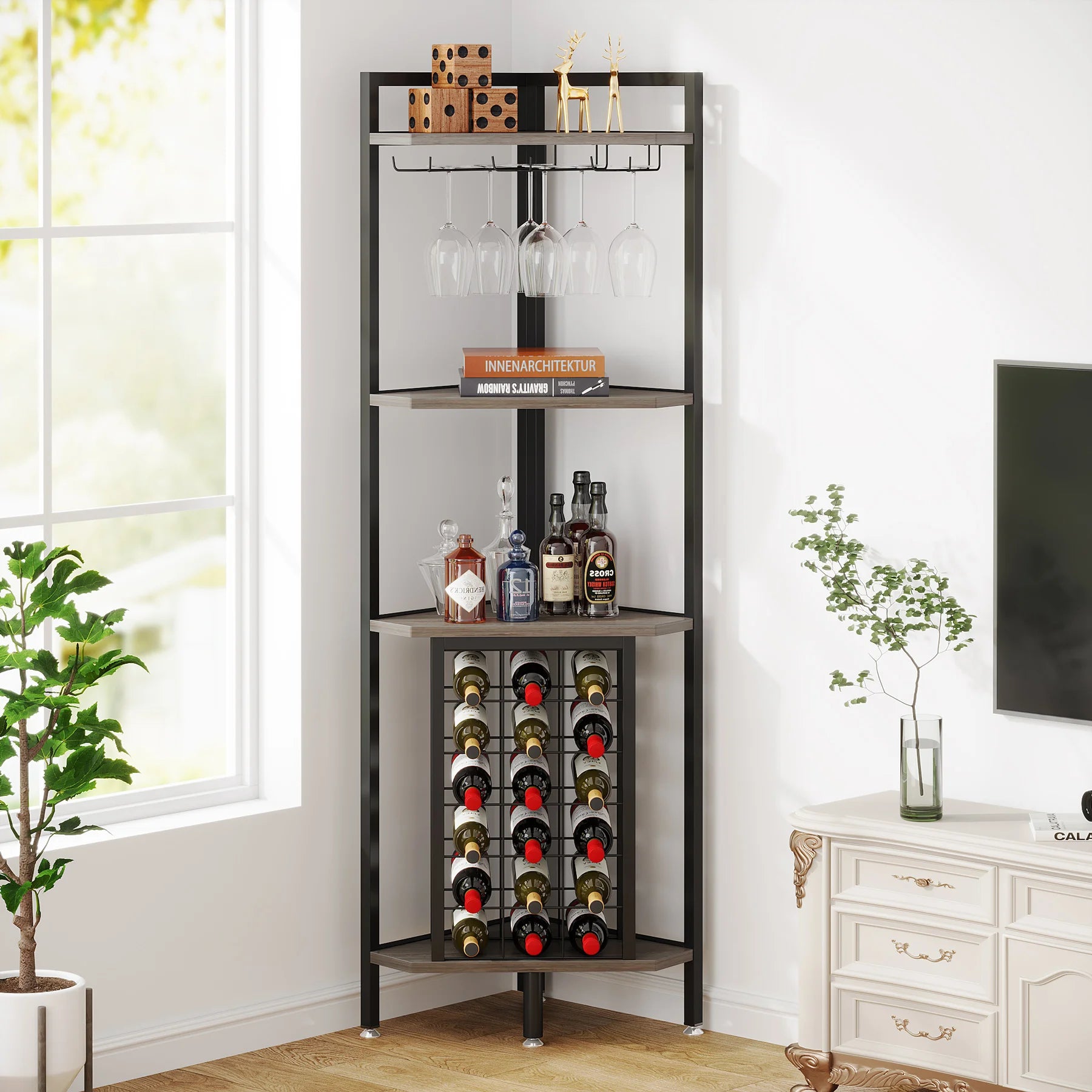 4-Tier Corner Wine Rack with Glass Holder and Storage Shelves - Luvasmr