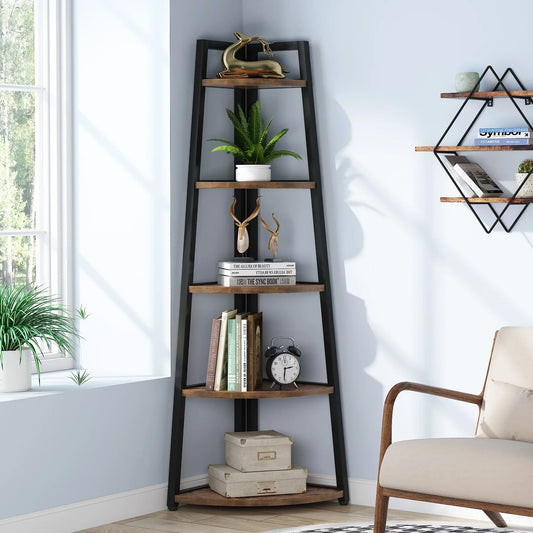 5-Tier Corner Wooden Bookcase with Storage Shelves