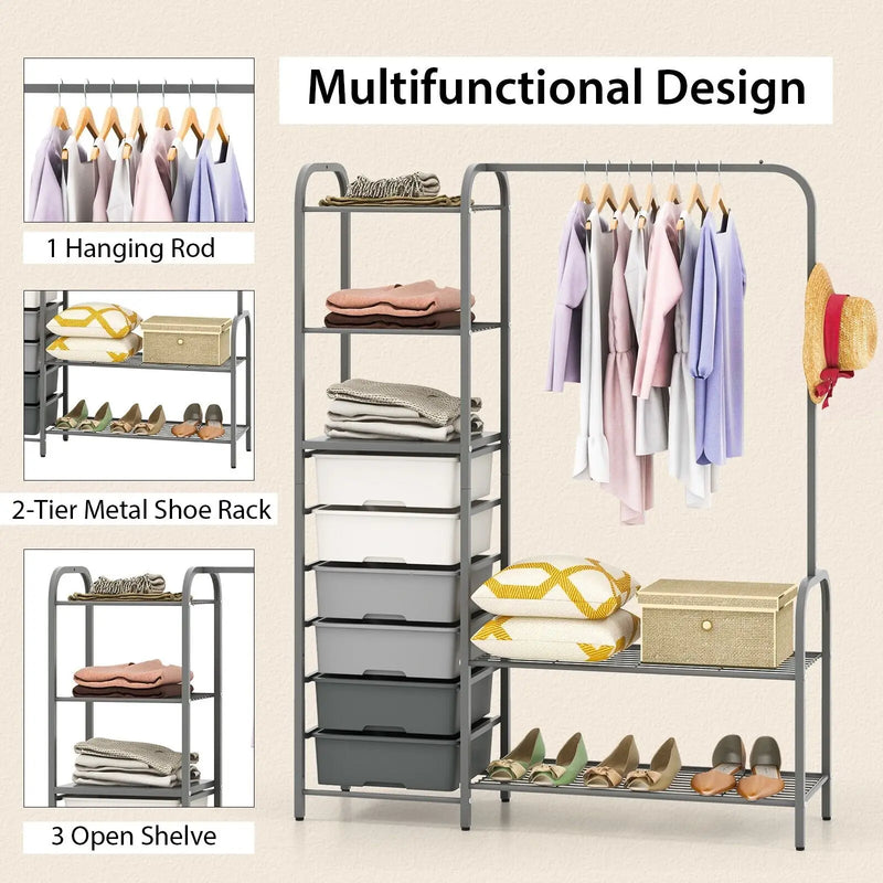 3-Tier Clothes Rails Stand Garment Coat Rack with 6 Storage Drawers - Luvasmr