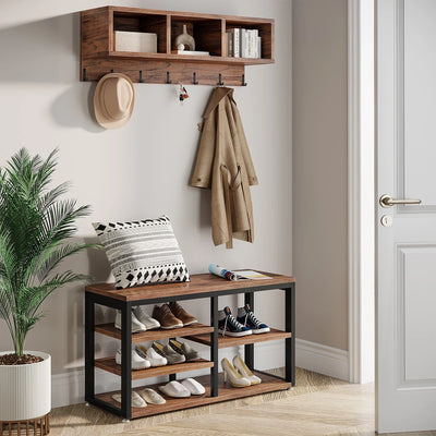 Industrial Coat Rack and Shoe Bench Set with 3 Storage Cubbies - Luvasmr