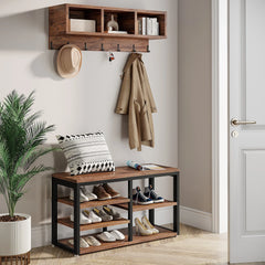 Industrial Coat Rack and Shoe Bench Set with 3 Storage Cubbies