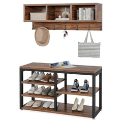 Industrial Coat Rack and Shoe Bench Set with 3 Storage Cubbies