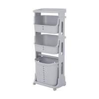 4-tier storage rack with wheels in gray for easy mobility and organization of household items.