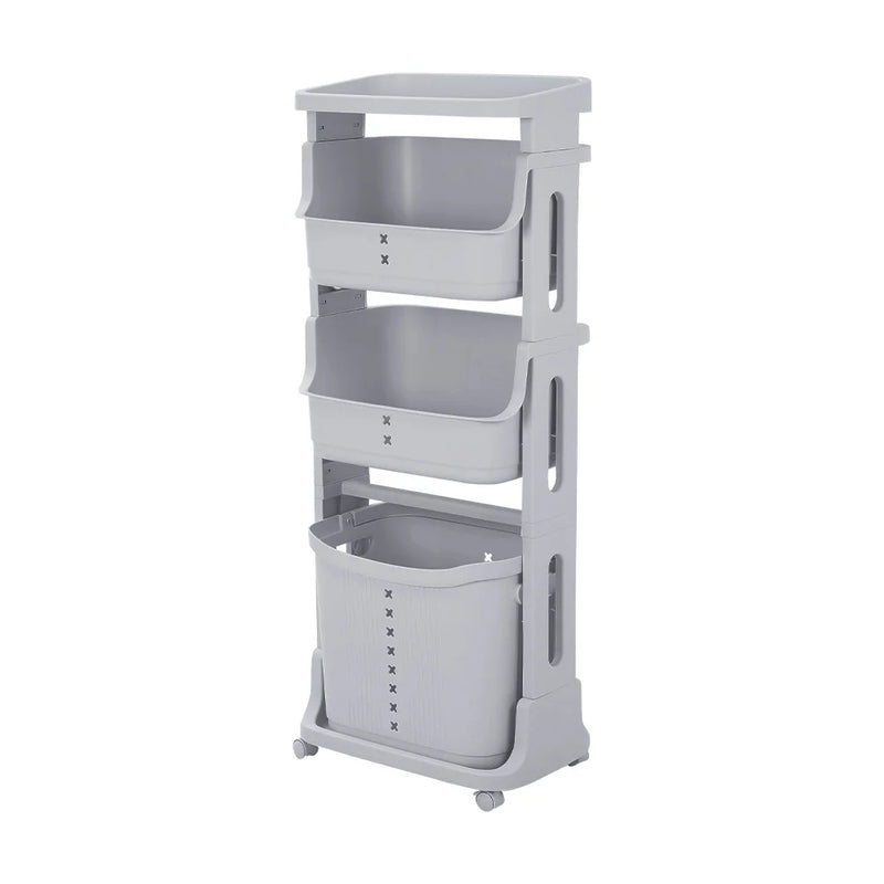 4-tier storage rack with wheels in gray for easy mobility and organization of household items.