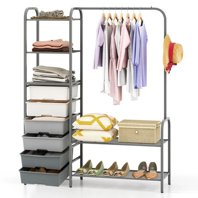 3-Tier Clothes Rails Stand Garment Coat Rack with 6 Storage Drawers - Luvasmr