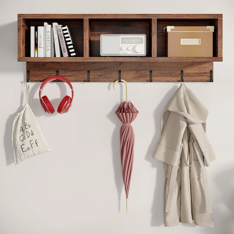 Industrial coat rack with cubbies, hooks, books, and accessories for a stylish entryway organization.