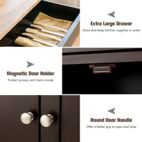 Features of a 3-Tier Rolling Kitchen Cart: extra large drawer, magnetic door holder, round door handle for easy access.