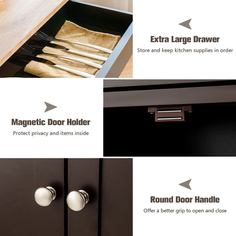 Features of a 3-Tier Rolling Kitchen Cart: extra large drawer, magnetic door holder, round door handle for easy access.