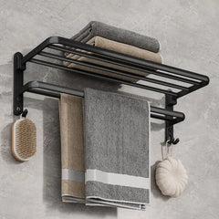 Matte Black Folding Wall-Mount Aluminium Towel Rack with Hook