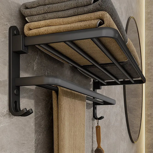Matte Black Folding Wall-Mount Aluminium Towel Rack with Hook