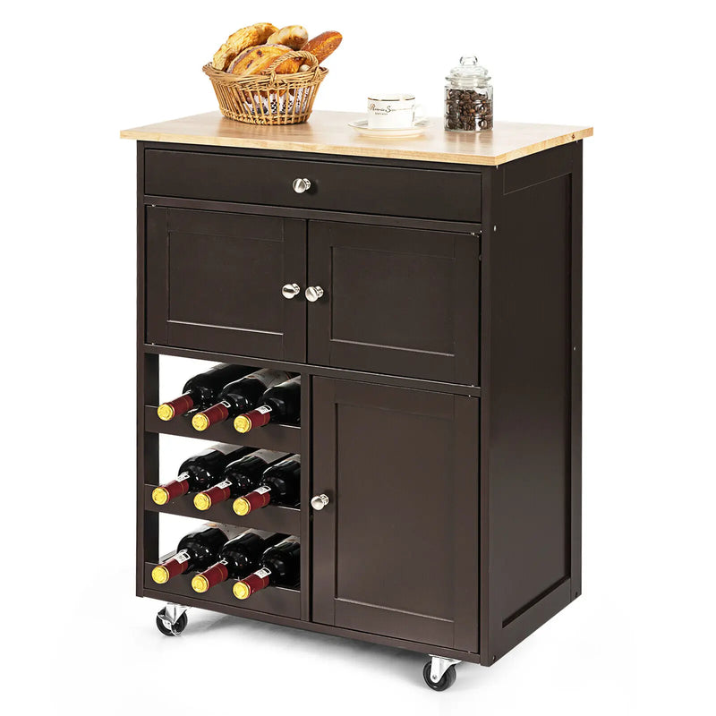 3-Tier rolling kitchen cart with wine holder and storage, perfect for stylish kitchen organization.