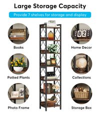 7-tier tall narrow bookshelf with large storage capacity for books, decor, plants, and more.