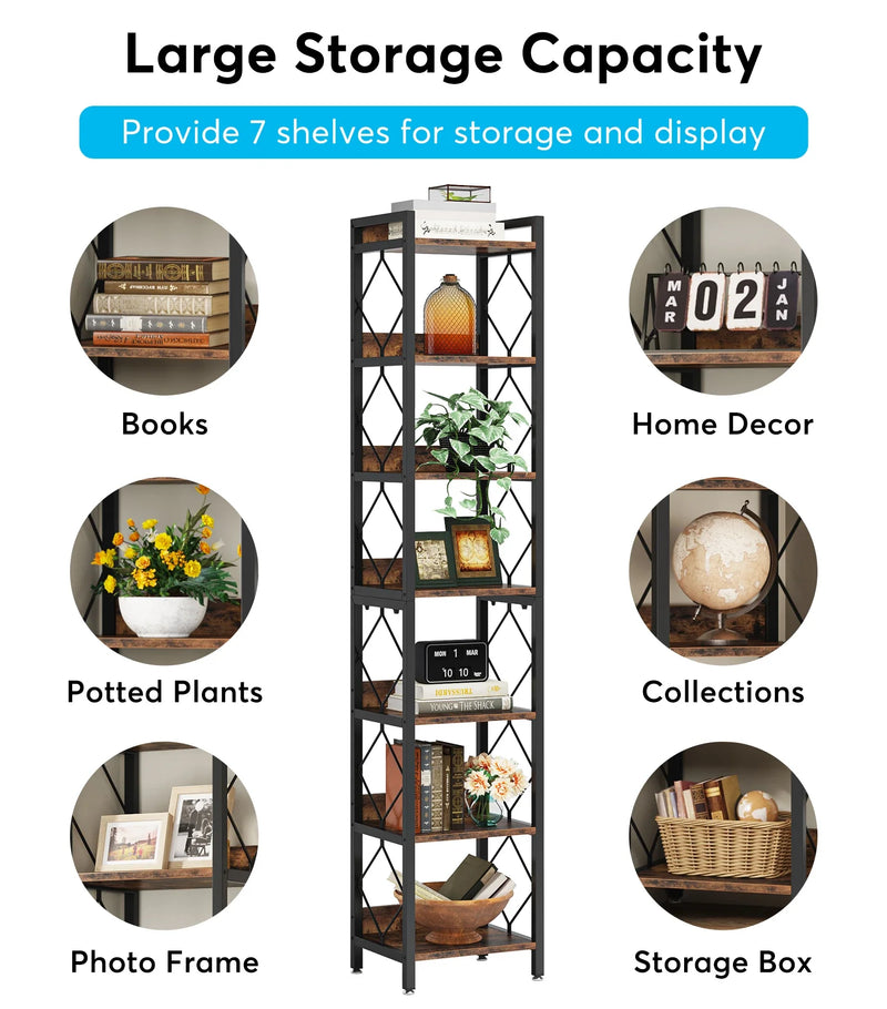 7-tier tall narrow bookshelf with large storage capacity for books, decor, plants, and more.
