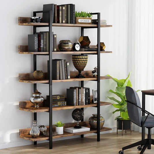 5-Tier Industrial Standing Bookshelf with Iron Pipe Frame