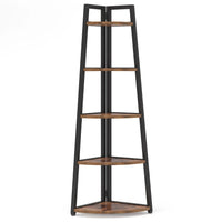 5-tier corner wooden bookcase with space-saving design, stylish shelving for books and decor.