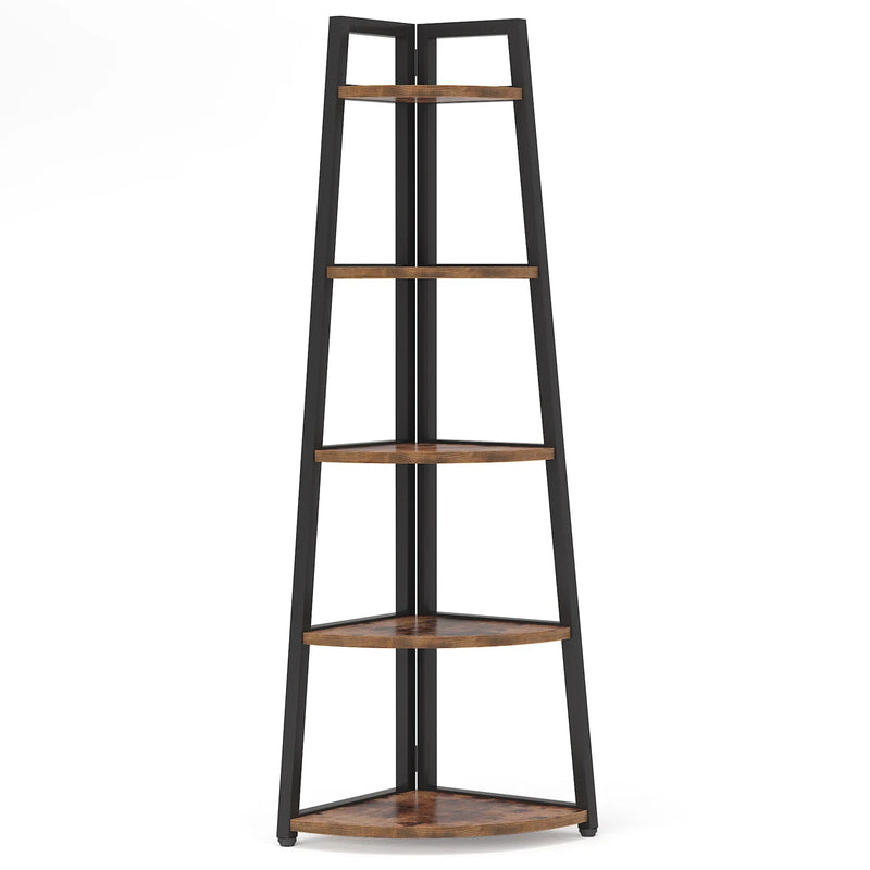 5-tier corner wooden bookcase with space-saving design, stylish shelving for books and decor.