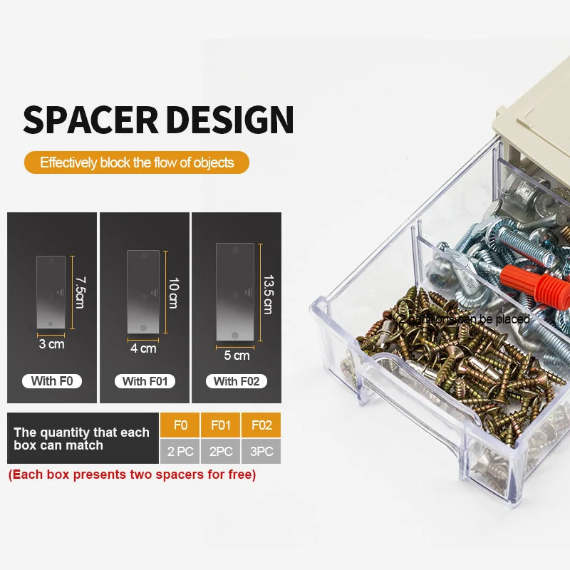 Spacer design for storage bins, showcasing adjustable sizes and organization of screws and small items.