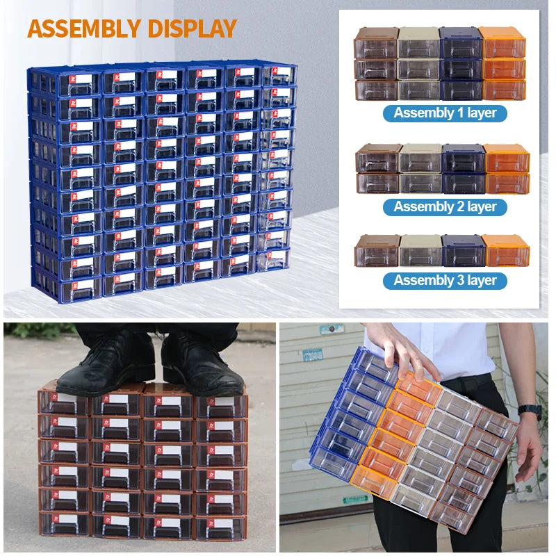 Stackable mini storage bins assembly display showcasing three stack layers and durable compact design for organization.