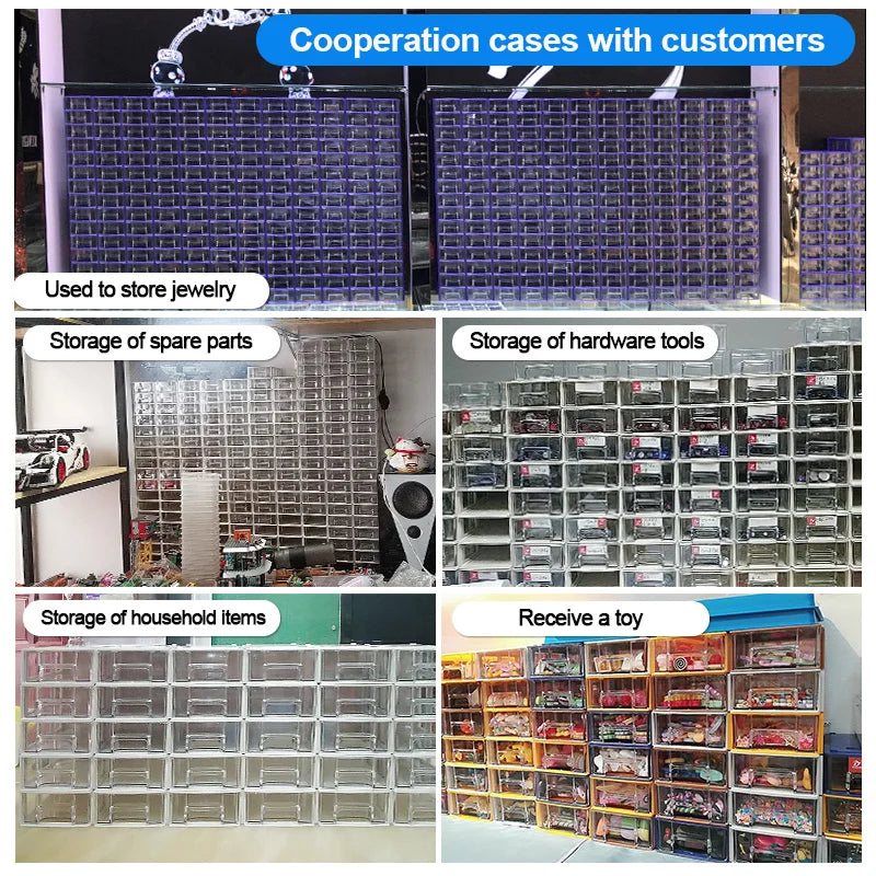 Collage of clear storage cases used for organizing jewelry, spare parts, hardware tools, and household items.