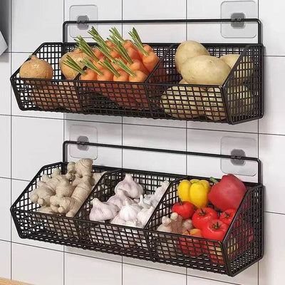 Wall Mounted Metal Storage Rack with Vegetables and Spices, Perfect for Organizing Kitchen Spaces.